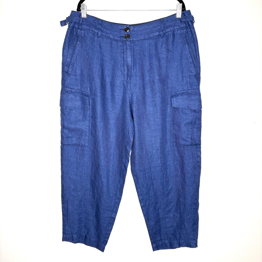 NWT Poetry 100% Linen Cargo Ankle Pants Lagenlook Artsy In Blue Size US 14